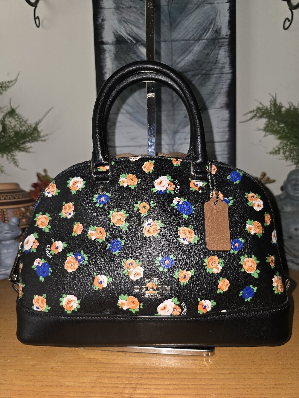 Coach Mini Sierra Satchel With a vibrant black and tea rose floral print. EUC